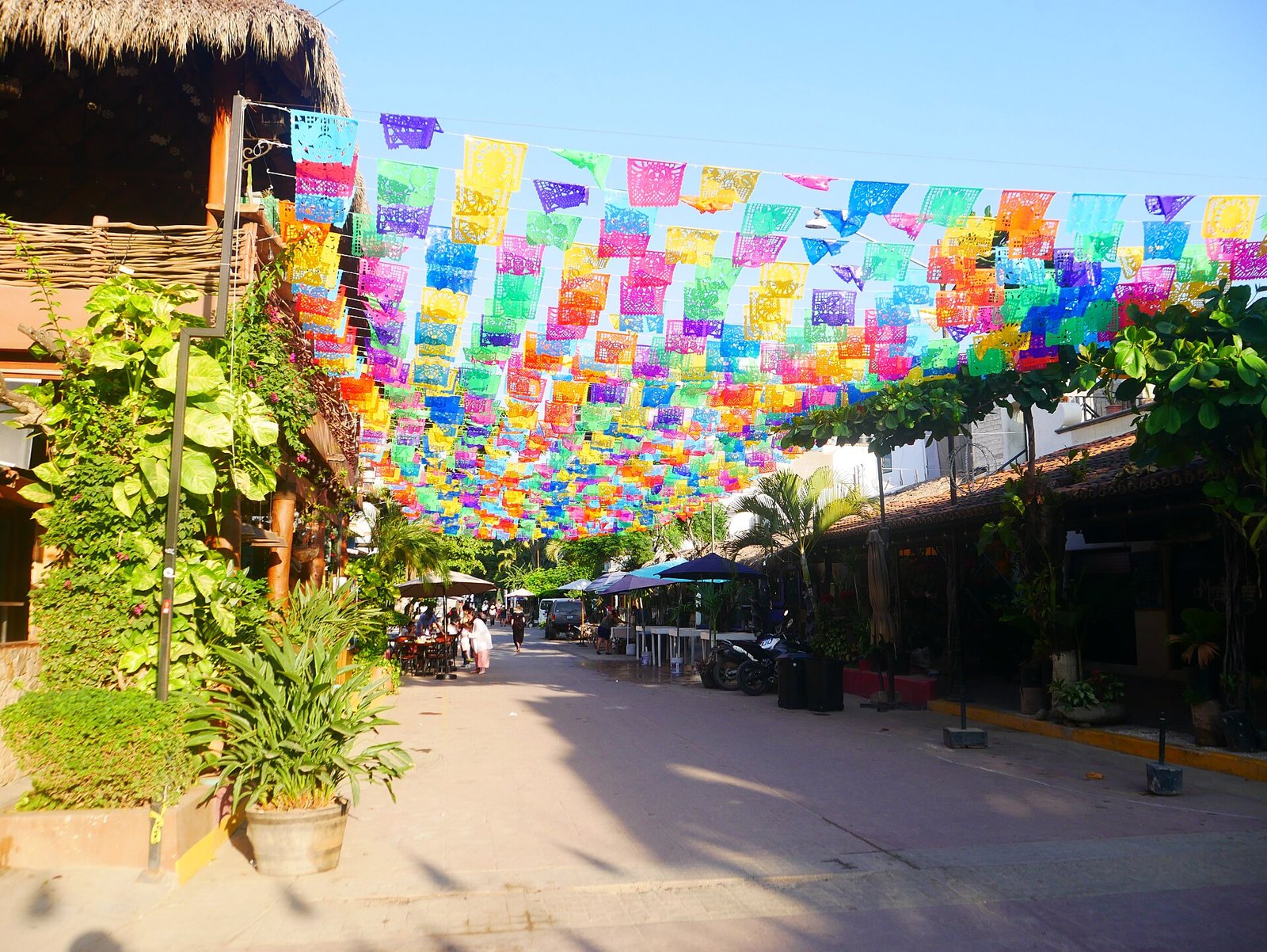 Avenida Tercer Mundo de San Pancho adornada con papel picado de colores